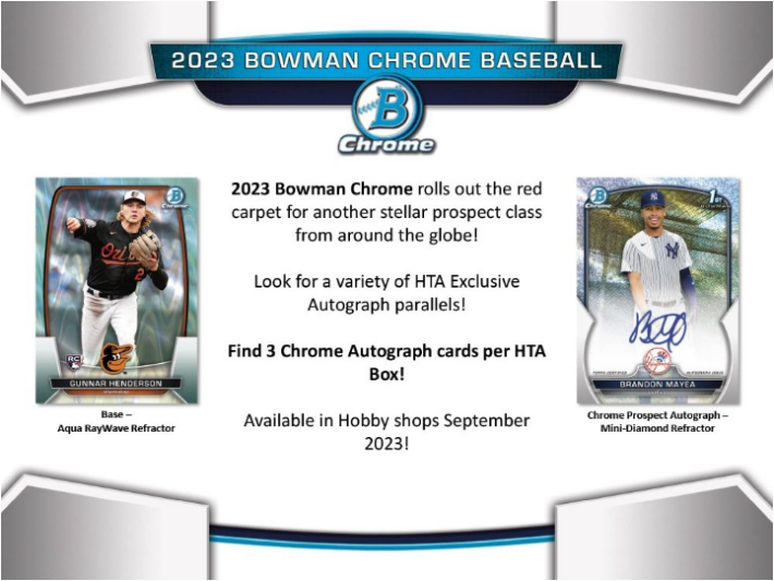 HOT RELEASE : 2023 Bowman Chrome HTA Baseball 1/2 Case PICK YOUR TEAM Group Break #10579 + GIVEAWAY